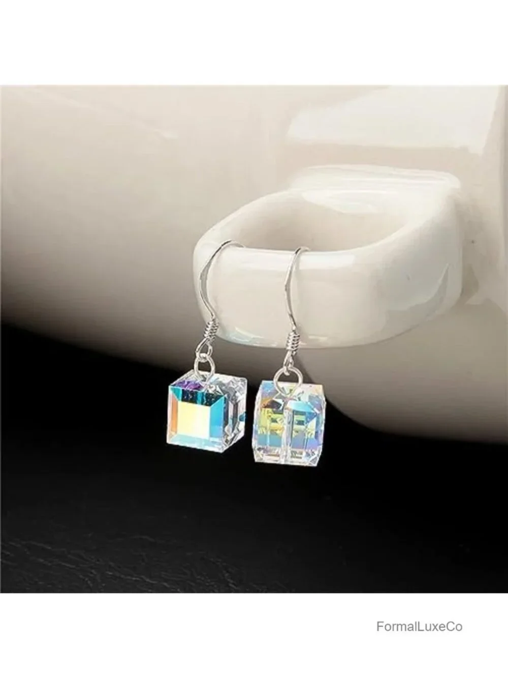 Austrian Crystal Cube Earrings for Women Handmade Clear Silver Plated Dangle
